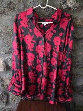 Chico's Black Blouse with Red Floral Print